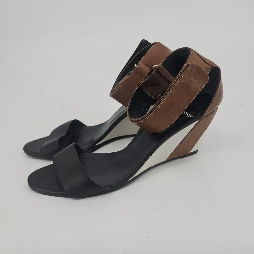Pierre Hardy Leather Colorblock Wedge Sandal Shoe Brown White Black EU 40 US 9.5